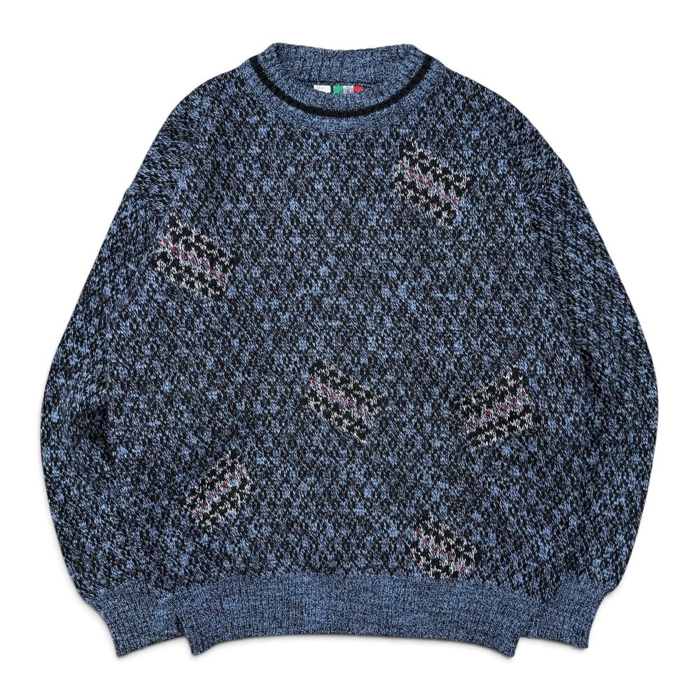 Vintage Soft Blue Black Abstract Knit Sweater Wool Blend Made in Italy Large